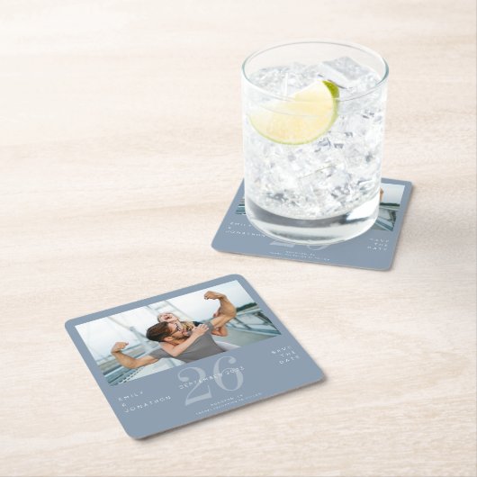 Number モダン Date Dusty Blue Photo日付の保存 スクエアペーパーコースター (インサイチュ)
