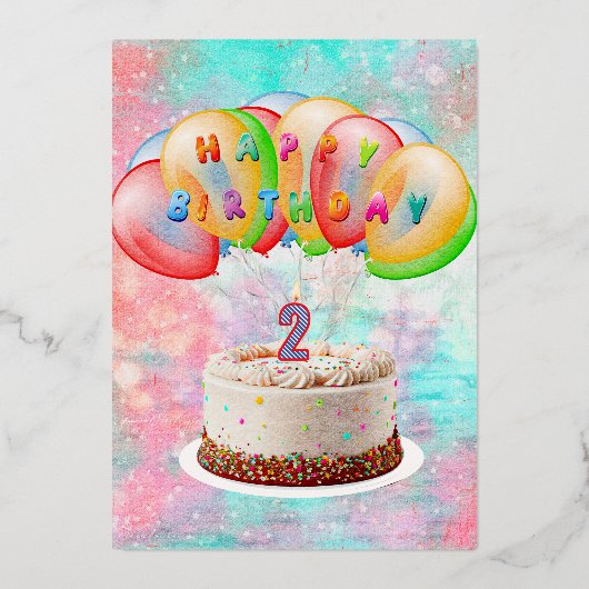 Number 2 Candle on Cake, Happy Birthday Card 箔シーズンカード (正面)