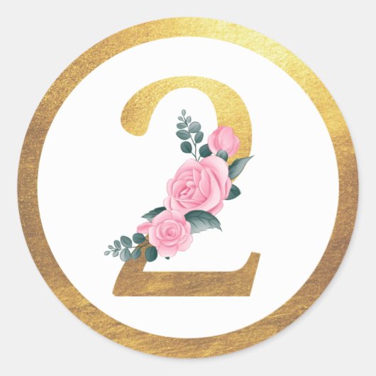 Number 2 Two Pink Rosesフローラとエレガント金ゴールド ラウンドシール (正面)