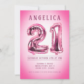 Number Balloons 21stピンク誕生日招待状 招待状 (正面)