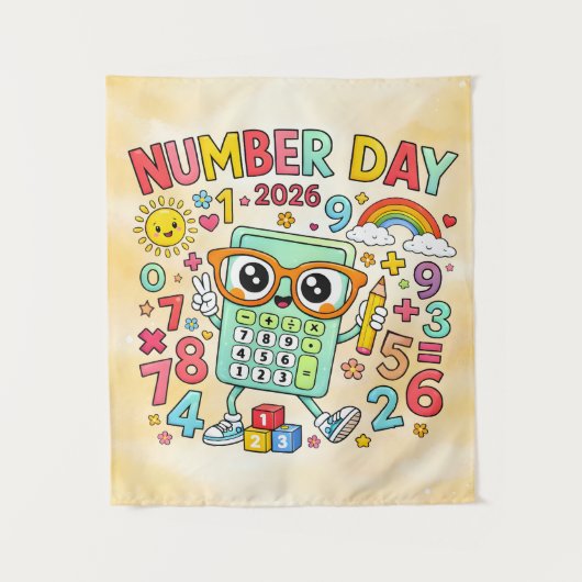Number Day 2026 Cute Calculator Math Design タペストリー (正面)