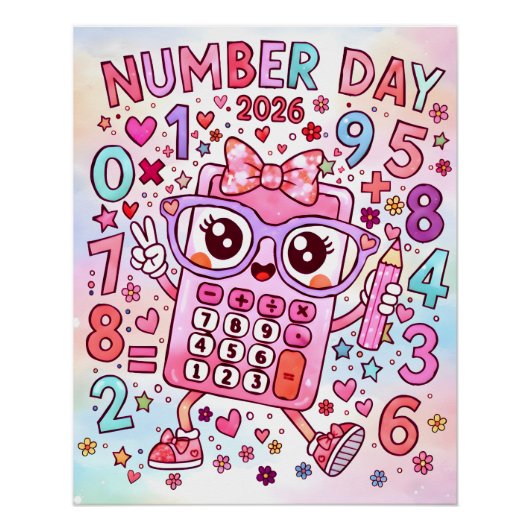 Number Day 2026 Cute Pink Calculator Math Design ポスター (正面)