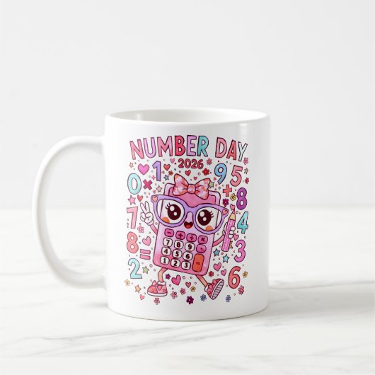 Number Day 2026 Cute Pink Maths Calculator Mug コーヒーマグカップ (左)