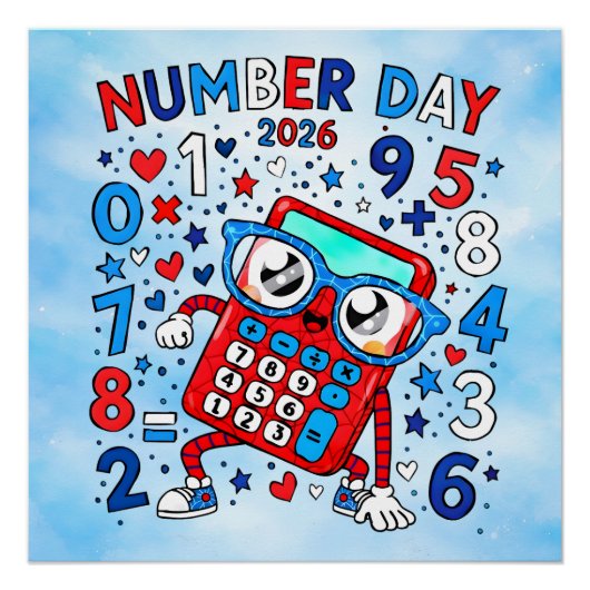 Number Day 2026 Red Calculator Math Design ポスター (正面)