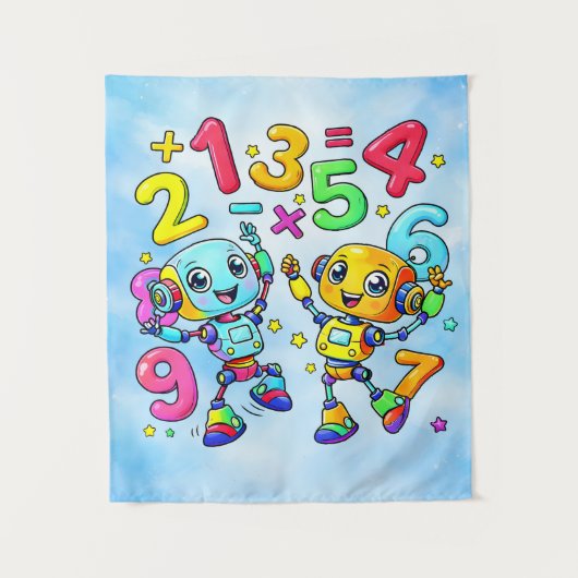 Number Day Cute Math Robots Design タペストリー (正面)