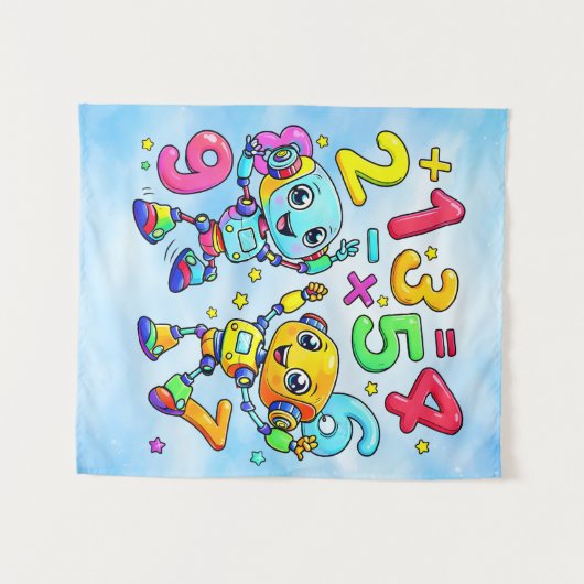 Number Day Cute Math Robots Design タペストリー (正面(横))