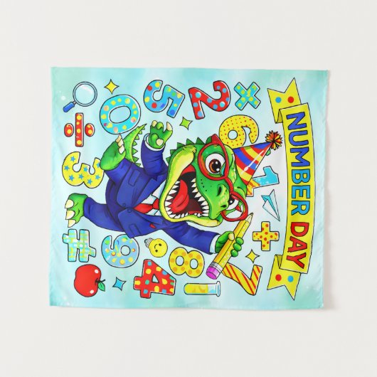 Number Day Dinosaur Math Design for Kids タペストリー (正面(横))