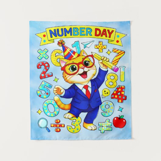 Number Day Smart Cat Math Design for Kids タペストリー (正面)