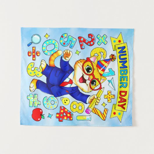 Number Day Smart Cat Math Design for Kids タペストリー (正面(横))
