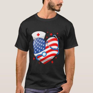 Nurse 4Th Of July American Flag He Stethoscope Nur Tシャツ