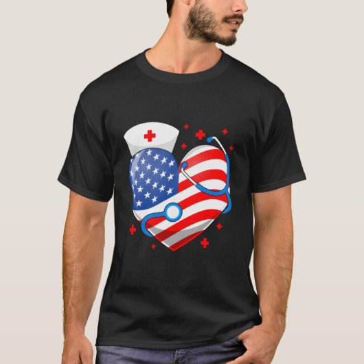 Nurse 4Th Of July American Flag He Stethoscope Nur Tシャツ (正面)