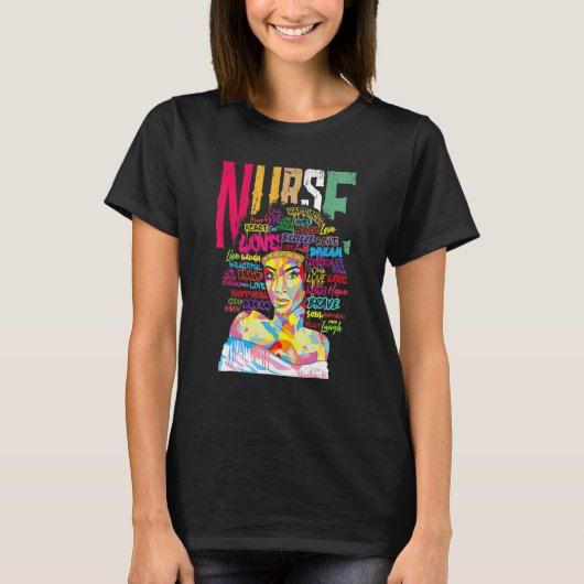 Nurse Black Woman Magic Afro Melanin Queen Black H Tシャツ (正面)
