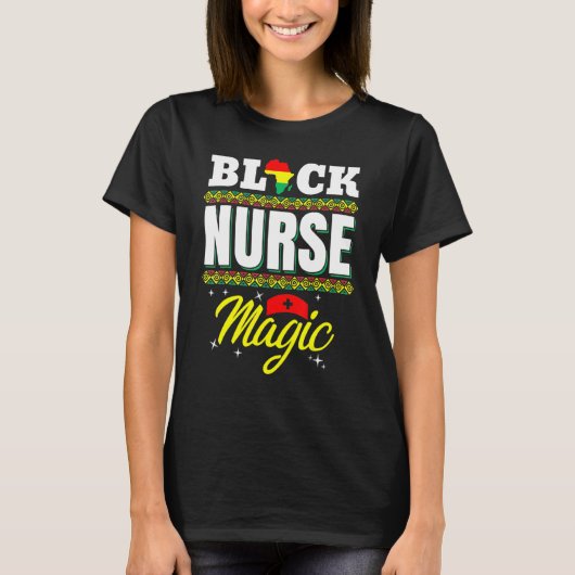 Nurse Black Woman Magic Afro Melanin Queen Black H Tシャツ (正面)