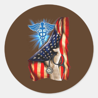 Nurse Caduceus Symbol Medical American Flag Hand ラウンドシール