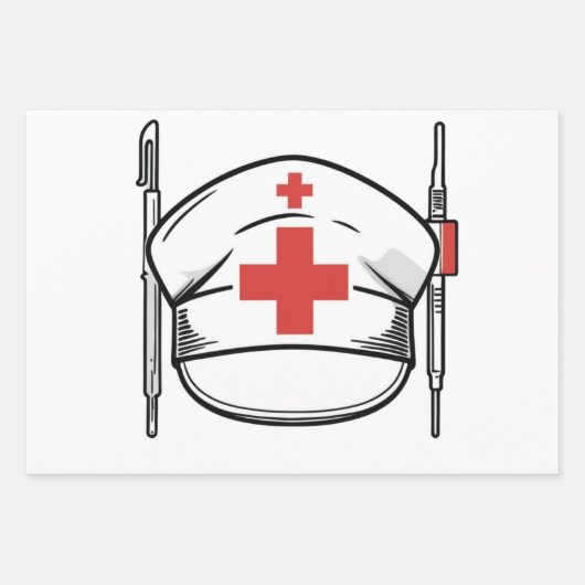 Nurse Cap with Red Cross and Medical Tools Design ラッピングペーパーシート (正面)