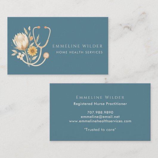 Nurse Caregiver Floral Stethoscope Blue 名刺 (正面/裏面)