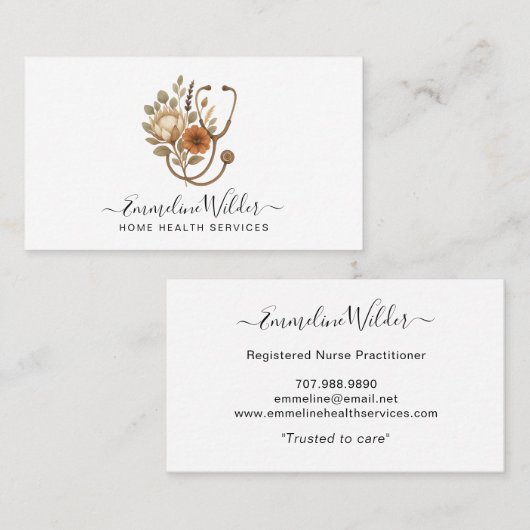 Nurse Caregiver Floral Stethoscope Business Card 名刺 (正面/裏面)