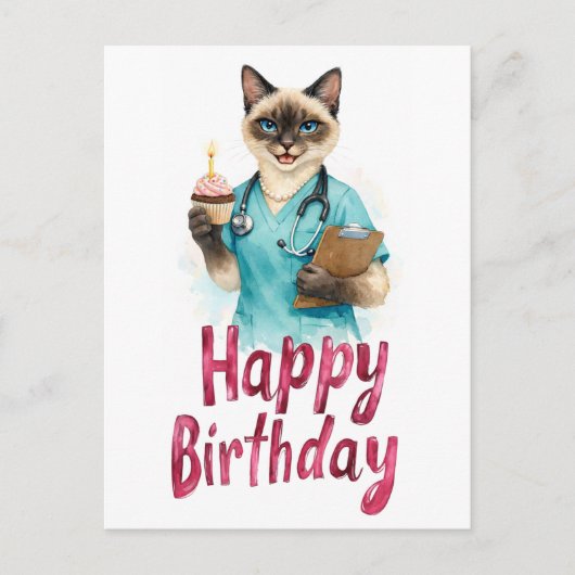 Nurse Cat with Cake and text Happy Birthday  ポストカード (正面)