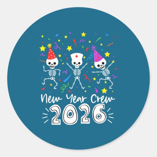 Nurse Dancing Skeleton New Year Crew 2026 Funny Er ラウンドシール (正面)