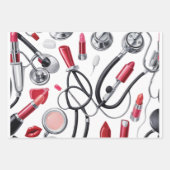 Nurse Glam – Stethoscope & Lipstick Pattern ラッピングペーパーシート (正面3)