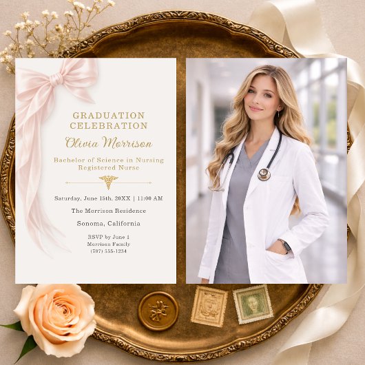 Nurse Graduation Pink Bow Photo  招待状