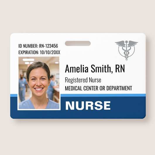 Nurse ID Badge Photo Logo Modern Blue RN Template バッジ