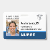 Nurse ID Badge Photo Logo Modern Blue RN Template バッジ (正面)