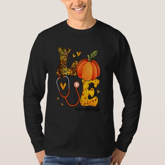 Nurse Leopard Pumpkin Thanksgiving Love School Nur Tシャツ (正面)