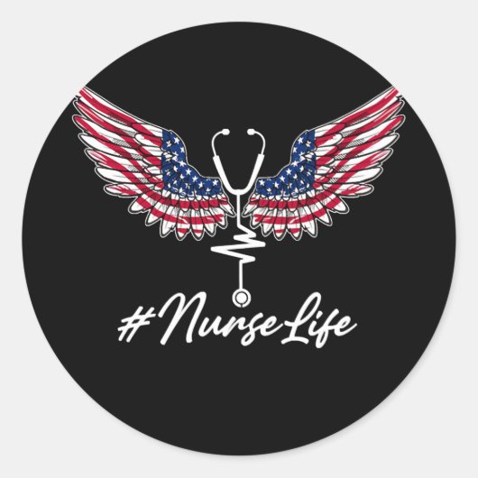 Nurse Life Angel Wings American Flag Stethoscope ラウンドシール (正面)
