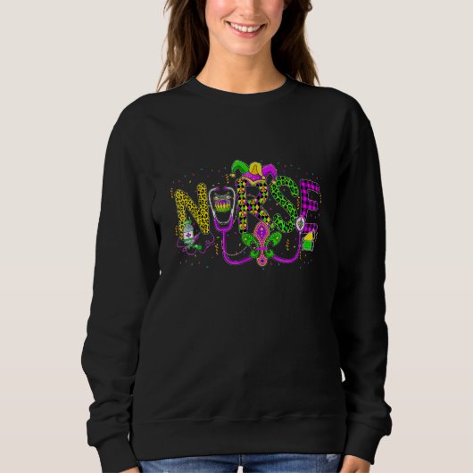 Nurse Mardi Gras Scrub Top RN ICU PACU NICU ER CNA スウェットシャツ (正面)