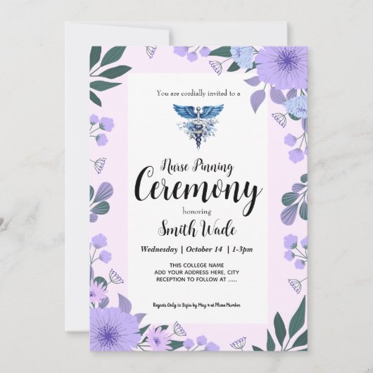 Nurse Pinning Ceremony Invitation Purple Floral Nu 招待状 (正面)