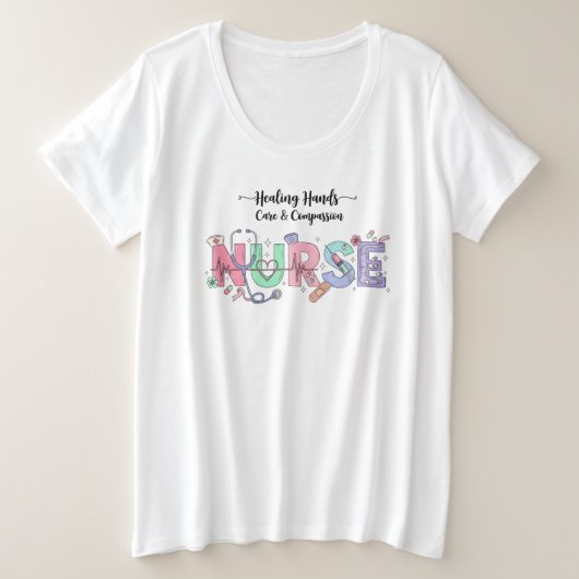 Nurse Typography with Stethoscope Medical Icons  プラスサイズTシャツ (デザイン正面)