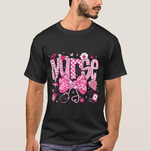 Nurse Valentine's Day Heart Stethoscope Er Icu Nic Tシャツ (正面)
