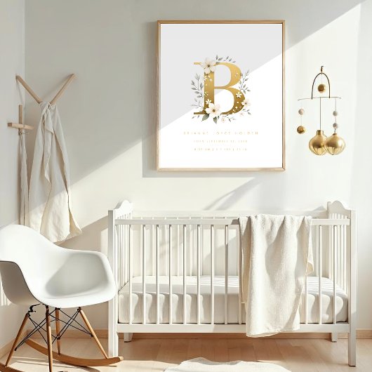 Nursery Cute Romantic Floral B Letter Gold Effect ポスター