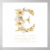 Nursery Cute Romantic Floral E Letter Gold Glitter ポスター (正面)