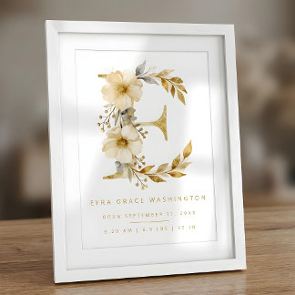 Nursery Cute Romantic Floral E Letter Gold Glitter ポスター