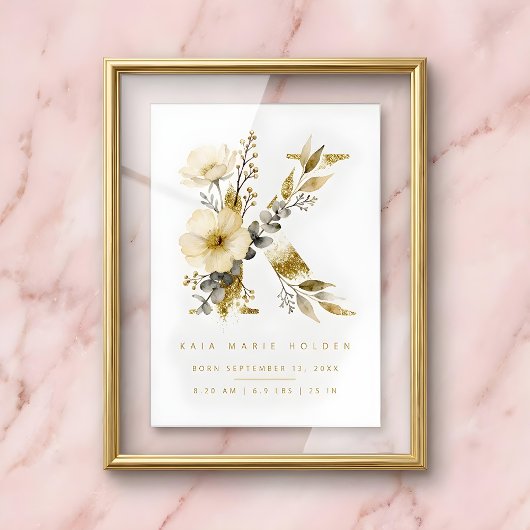 Nursery Cute Romantic Floral K Letter Gold Effect ポスター