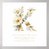Nursery Cute Romantic Floral K Letter Gold Effect ポスター (正面)