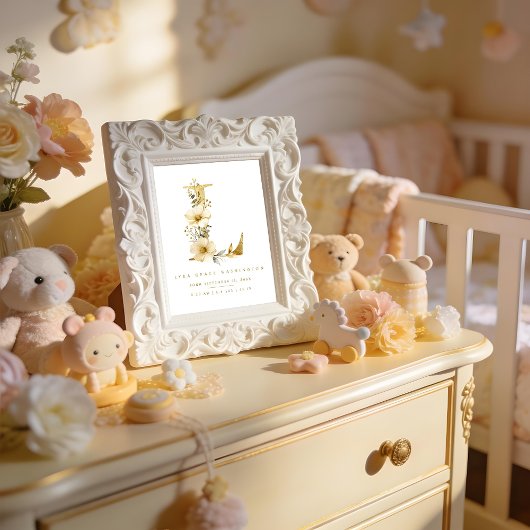 Nursery Cute Romantic Floral L Letter Gold Glitter ポスター