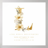 Nursery Cute Romantic Floral L Letter Gold Glitter ポスター (正面)