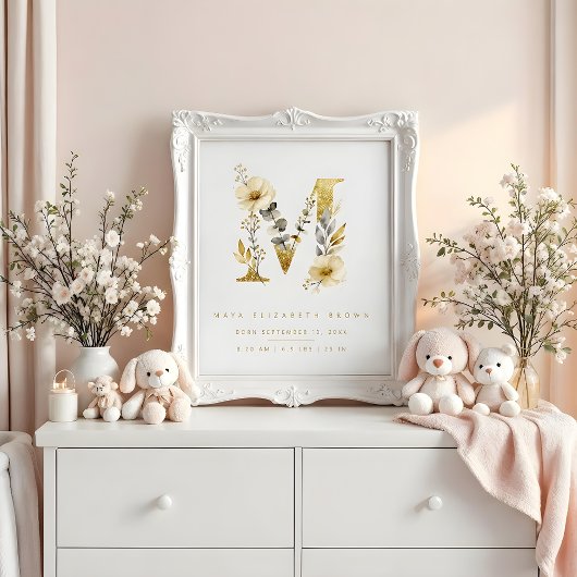 Nursery Cute Romantic Floral M Letter Gold Effect ポスター