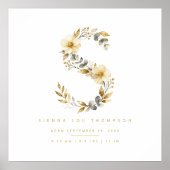 Nursery Cute Romantic Floral S Letter Gold Effect ポスター (正面)