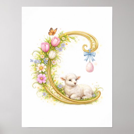 Nursery Letter C Lamb Baby Initial Gold Floral ポスター (正面)