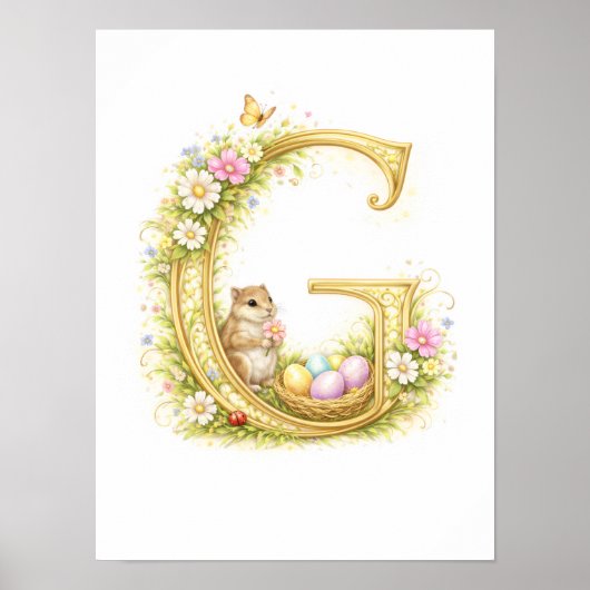 Nursery Letter G Chipmunk Baby Initial Gold Floral ポスター (正面)