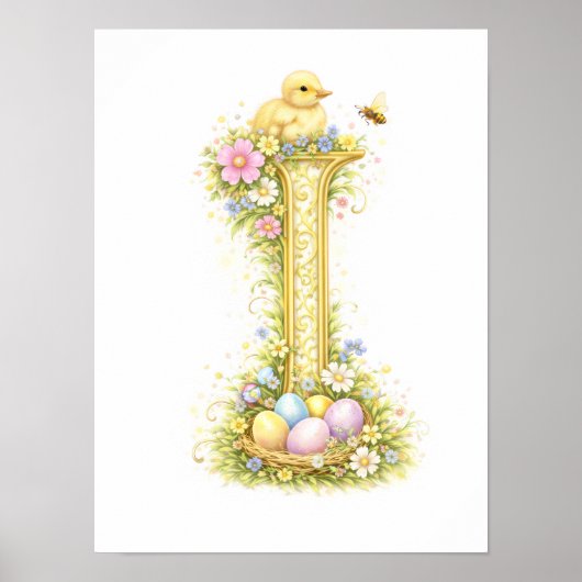 Nursery Letter I Baby Duckling Initial Gold Floral ポスター (正面)