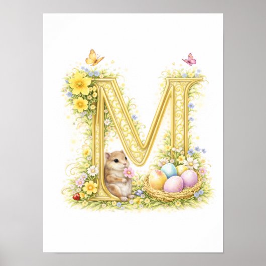 Nursery Letter M Baby Hamster Initial Gold Floral ポスター (正面)