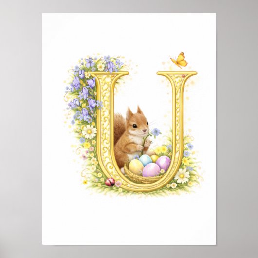Nursery Letter U Baby Chipmunk Initial Gold Floral ポスター (正面)