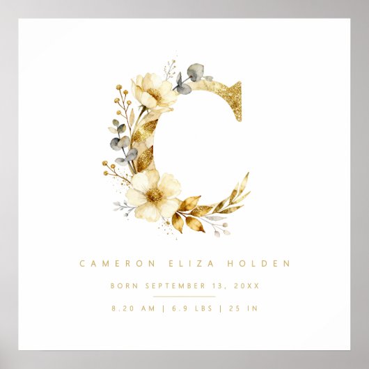 Nursery Romantic Floral C Letter Gold Effect ポスター (正面)
