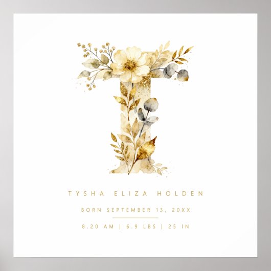 Nursery Romantic Floral T Letter Gold Effect ポスター (正面)