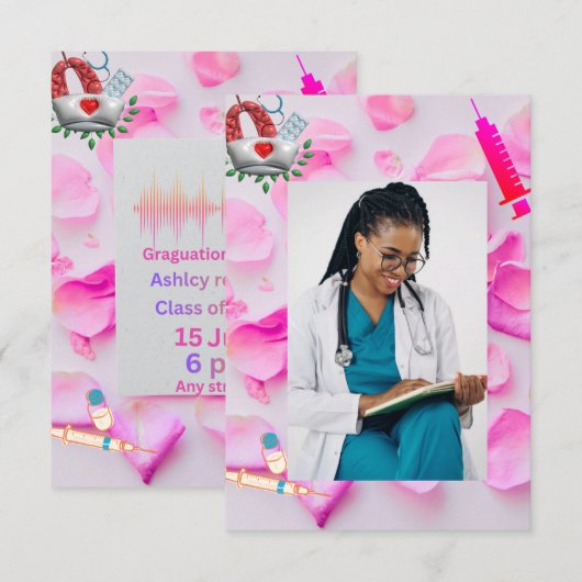 Nursing Graduation Party Invitation Pink Floral |  案内状 (正面/裏面)